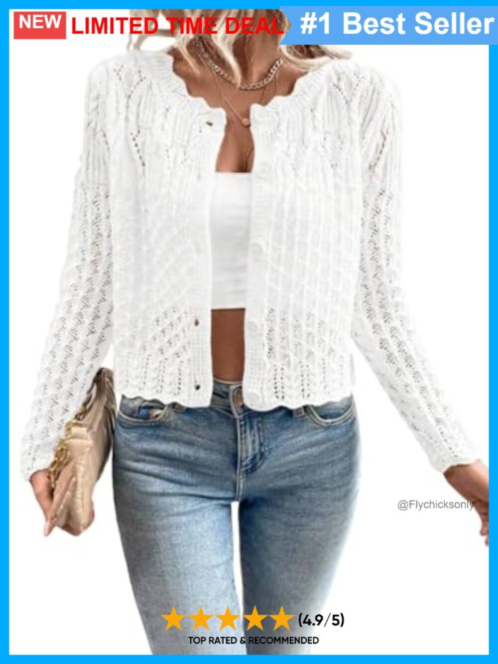 Hollow Out Knit Cropped Cardigan Scalloped Wavy Hem Button Down Sweater